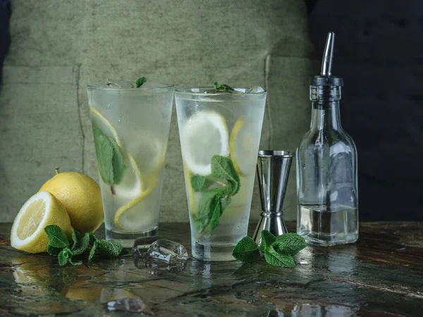 Mojito Cocktail Dengan Irisan Lemon Dan Daun Mint Atas Meja Stok Gambar Bebas Royalti
