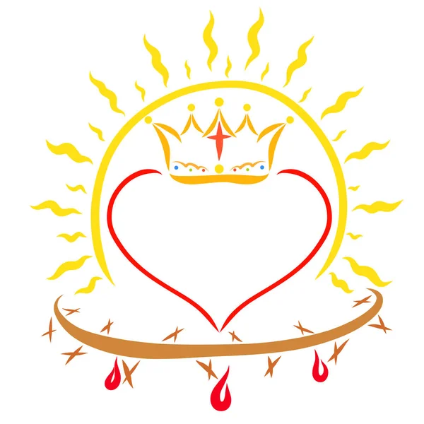 Sun shining above the heart with a crown and crown of thorns with blood