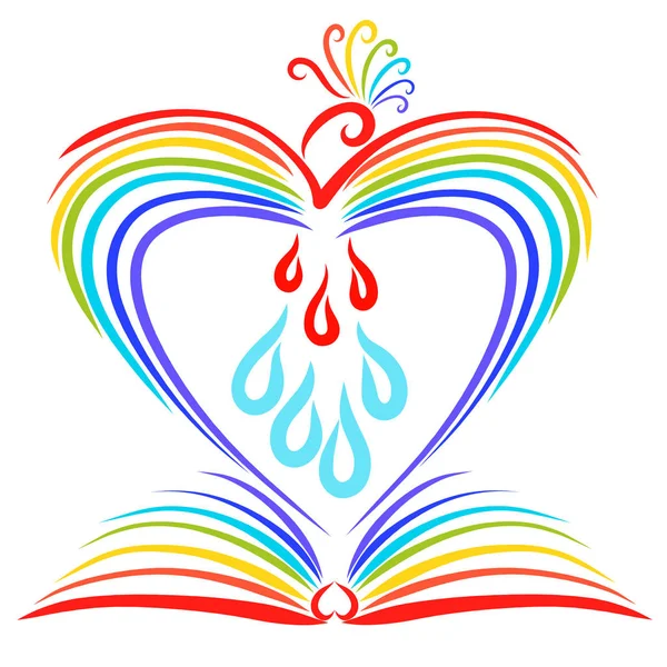 Bird Rainbow creating a heart shape over a book, healing drops