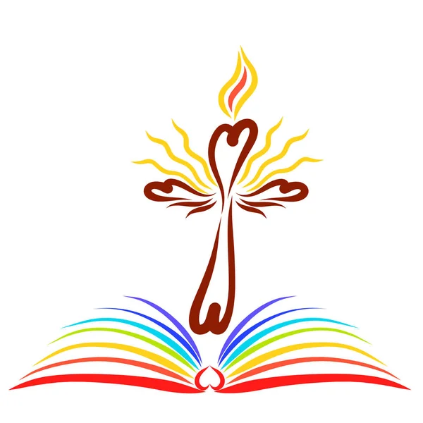 A shining cross with a flame above an open book with pages of the colors of the rainbow