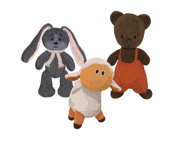 Three hand-drawn plush toys, a bear, a lamb