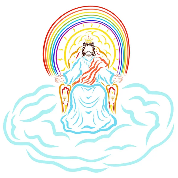Jesus sitting on the throne in the cloud, the shining sun and the rainbow behind Him