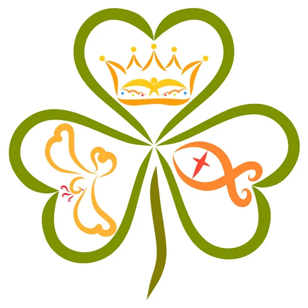 The crown, the fish and the bird in the leaves of the clover, the Trinity of God
