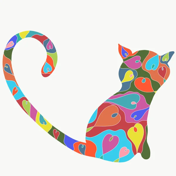 Rainbow cat in hearts with a long tail in the shape of a half-hearted