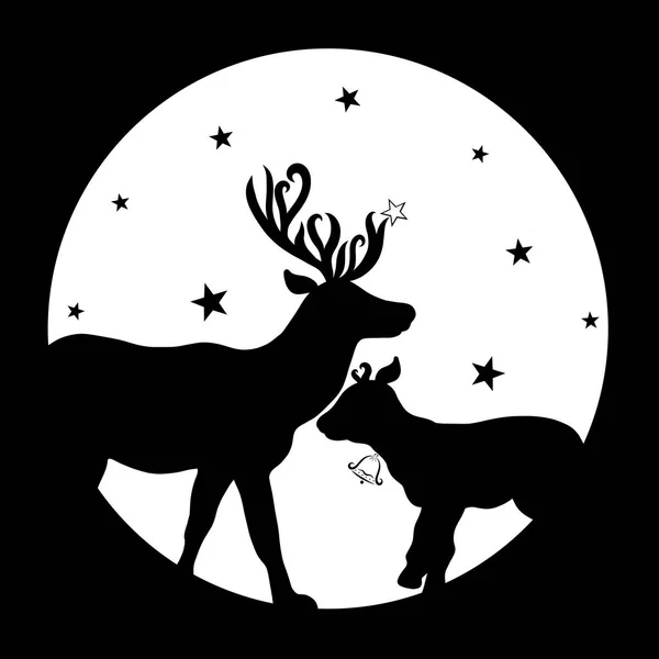 Mum deer with a star on the horns and a little deer with a bell, starry background
