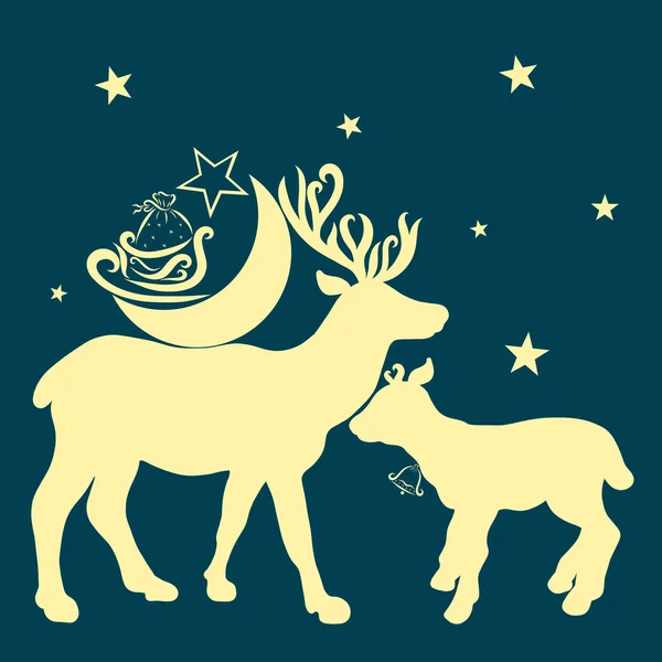 Mum deer carries a moon with sleigh and gifts on her back and caresses her baby