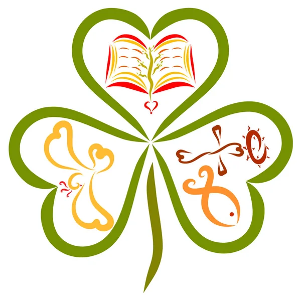 Clover with three leaves, the Bible, the bird, the cross and the fish