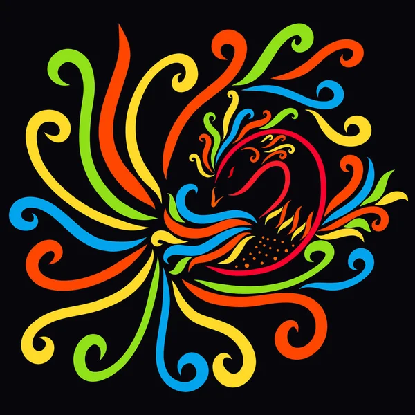 Beautiful magic bird of bright lines on a black background