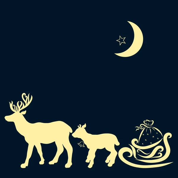 A team of deer and sled with gifts, the moon and a star in the sky
