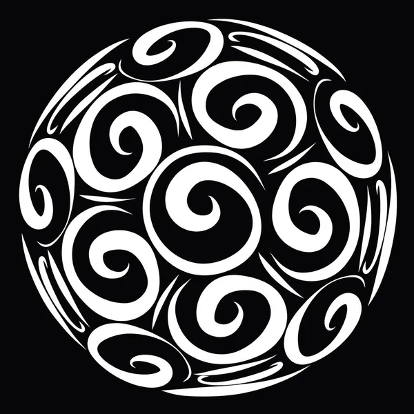 A ball for playing football, drawing with white lines and spirals on a black background