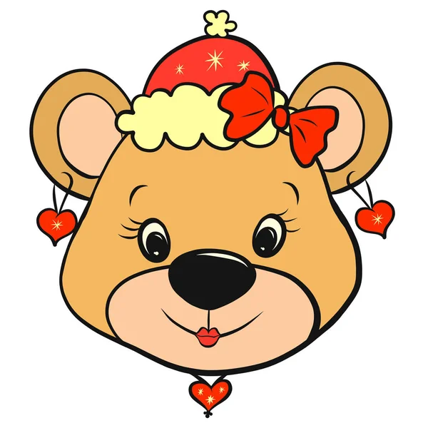 A bear girl in a smart Christmas or winter hat, with earrings and a necklace in the shape of a heart