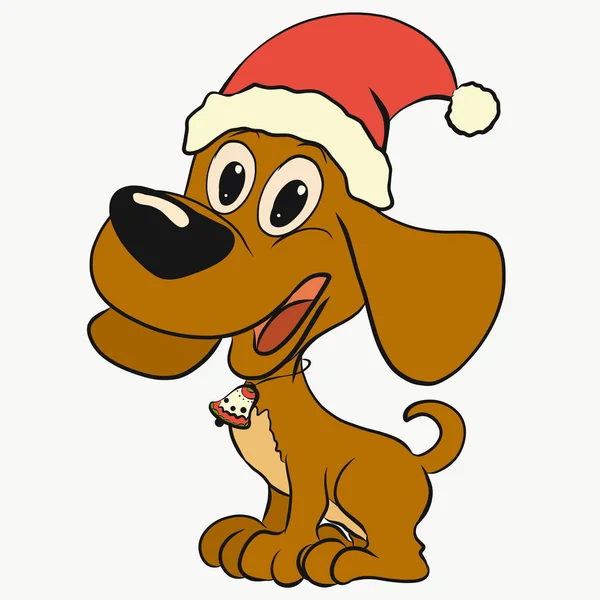 Funny happy puppy in a Christmas cap and with a bell
