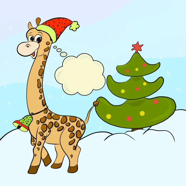 A cute giraffe in a Christmas cap, a Christmas tree in snowdrifts