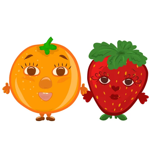 Funny strawberries and orange, berry and fruit with faces