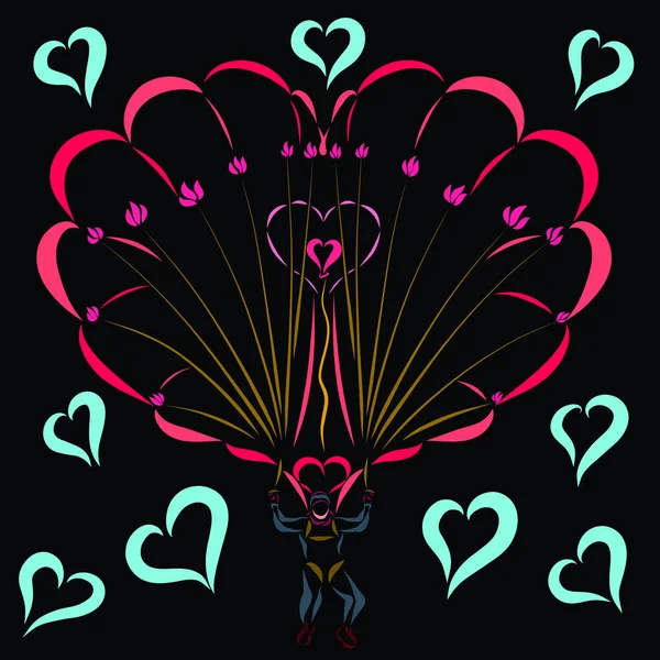 In love parachutist, flowers and hearts