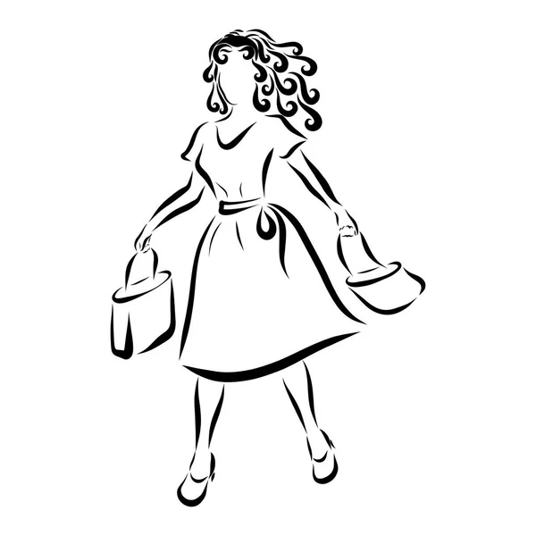 Woman in retro dress with wavy hair, with shopping bags