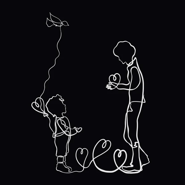 Father and child, heart as a gift, drawing one long line on a black background