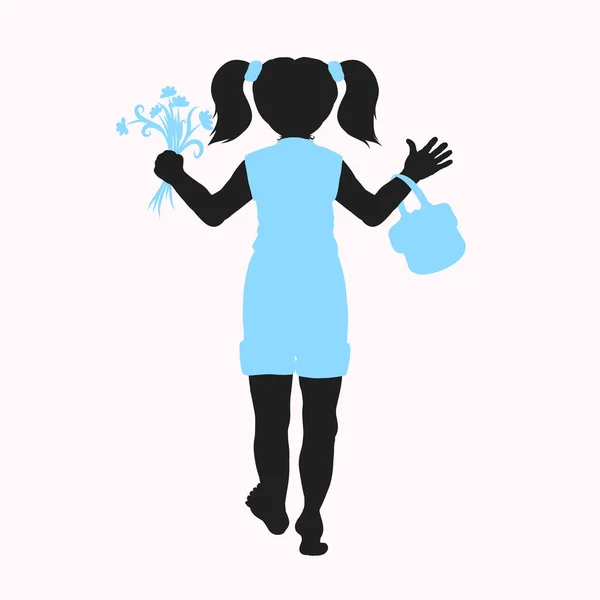 Silhouette of barefoot girl with bouquet of flowers and handbag