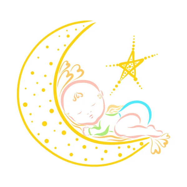 Cute little angel asleep on the moon and shining star