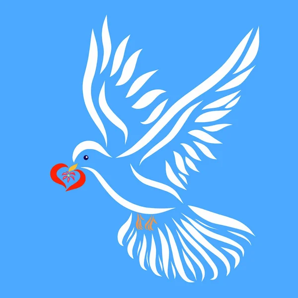A flying white dove with a heart in its beak symbol