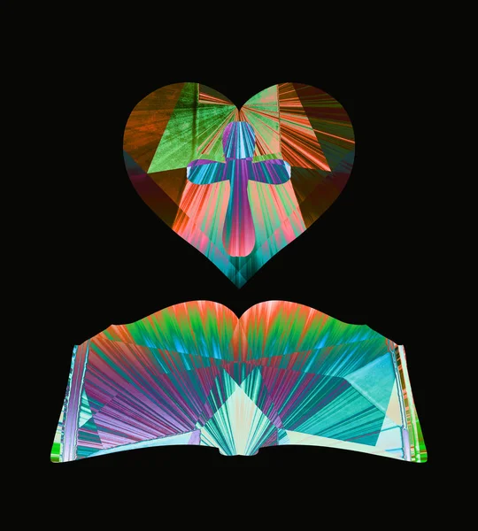 Heart with a cross and an open book, a colorful pattern