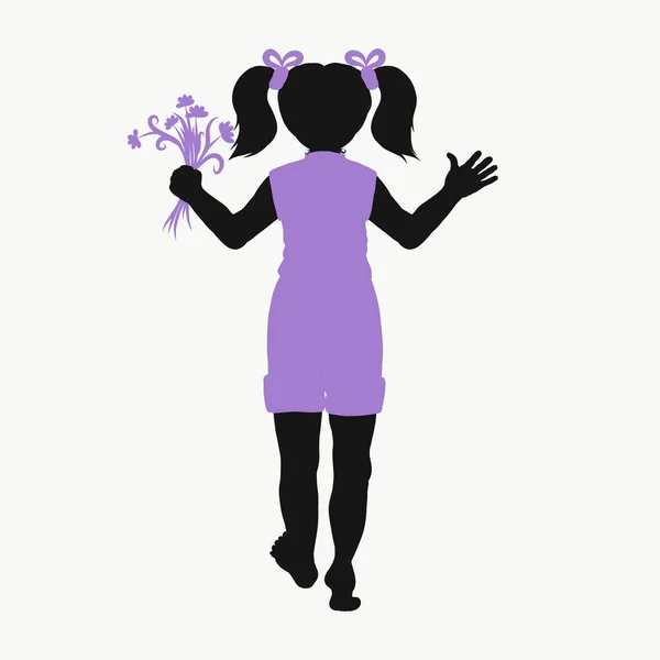Silhouette of barefoot girl with bouquet of wildflowers