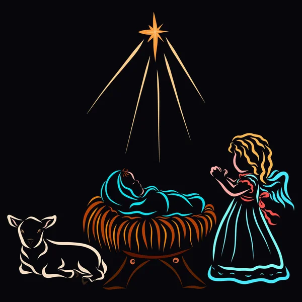 The shining star above the infant Jesus, the little Angel and the lamb