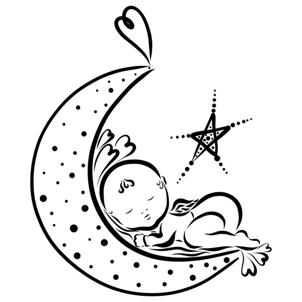 Newborn winged baby sleeping on the moon