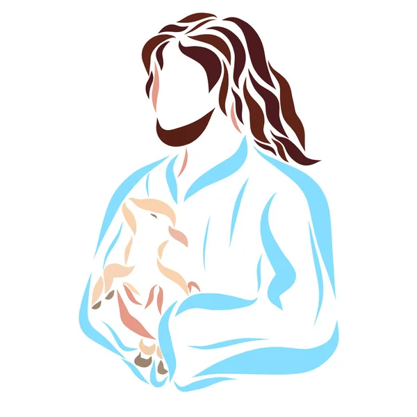 Caring Lord Jesus holds a small lamb in his arms