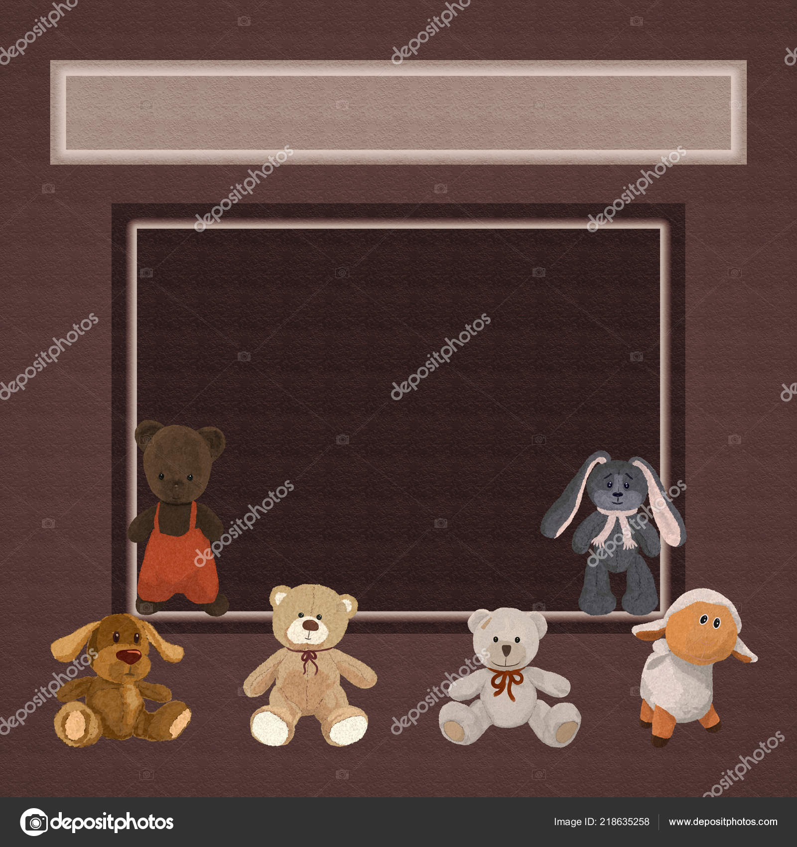 Brown Background Six Cute Plush Toys Frame Stock Photo