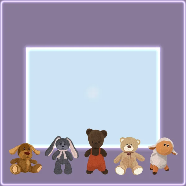 Lilac-blue background with a frame, with five cute plush toys