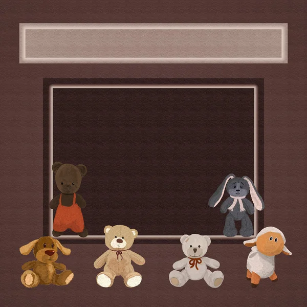 Brown background with six cute plush toys and a frame