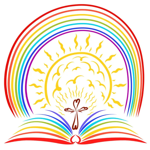 Cross over an open rainbow book, shining sun and rainbow