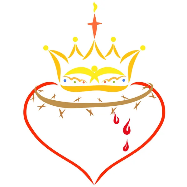 Heart with a crown of thorns and drops of blood and a crown with a bird, a cross and a flame