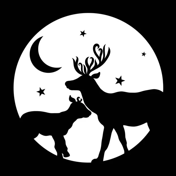 Deer, small and big, moon and stars in a round frame