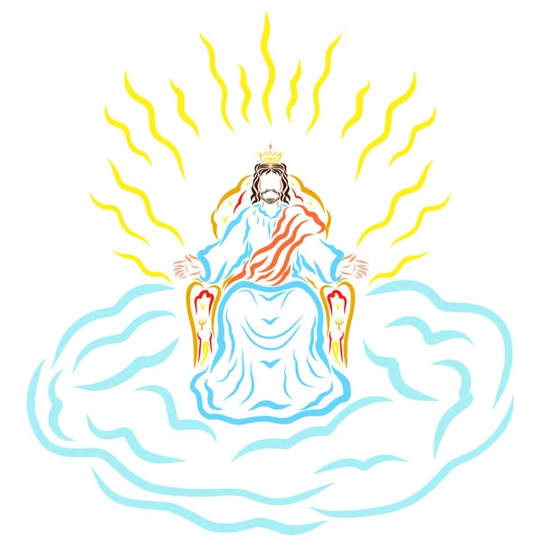 Jesus sitting on a throne in a crown, on a cloud, radiance of holiness