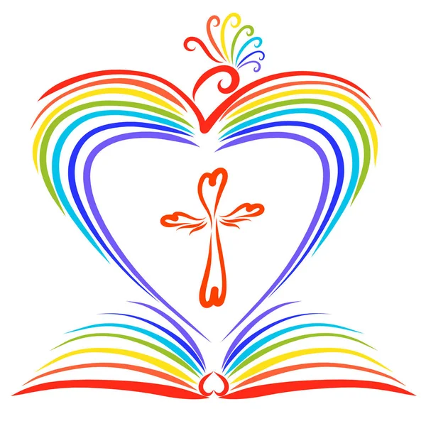 A rainbow-colored bird creating a heart, an open book and a cross