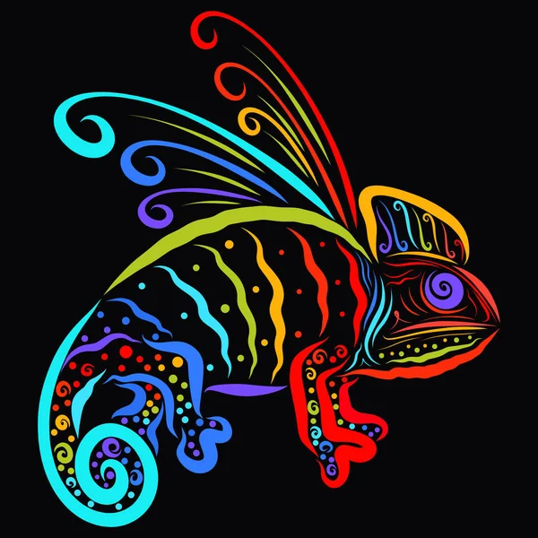 Rainbow patterned chameleon, creative dragon on black background