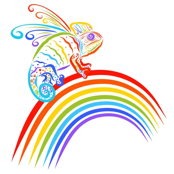 Funny dragon, winged chameleon sitting on a rainbow