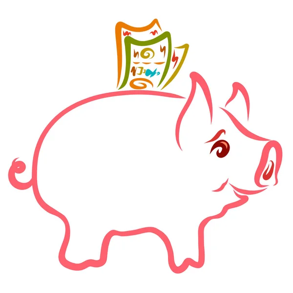 Joyful pig with money, funny piggy bank