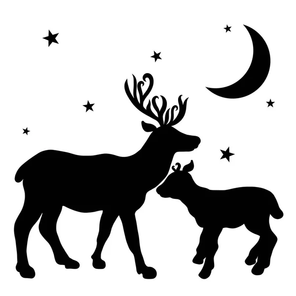 Two deer, moon and stars, baby and parent