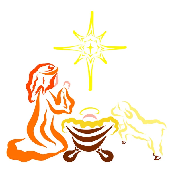 Little Jesus in the manger, praying Virgin Mary, lamb and star