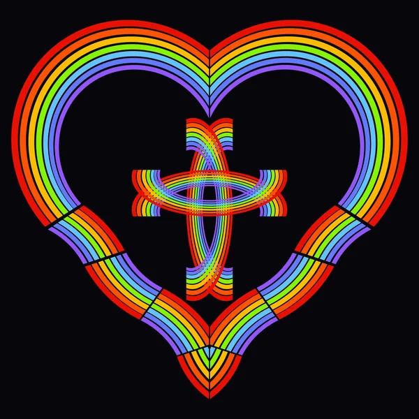 Rainbow heart with rainbow cross inside, black background, pattern