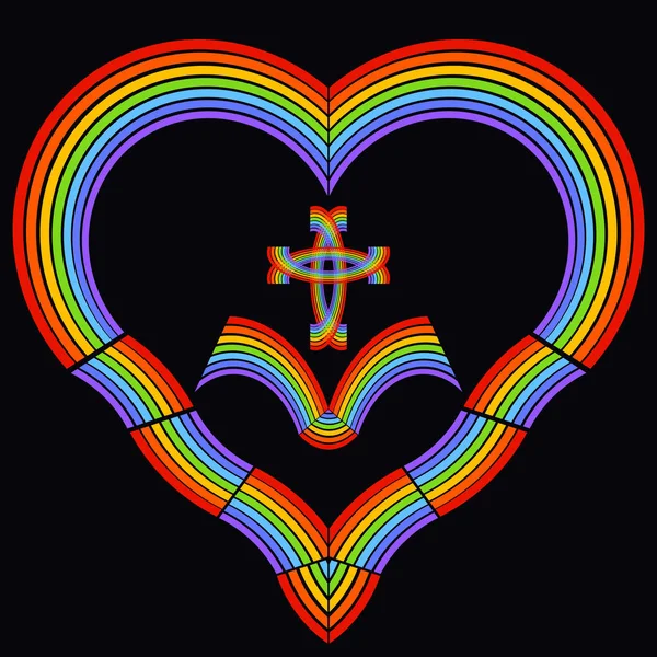 Heart with a cross and an open book inside, rainbow pattern, black background