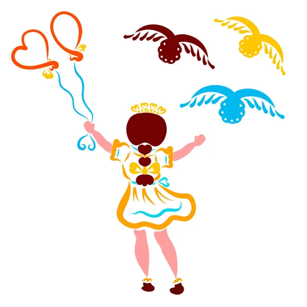 little princess with balloons and flying birds, hearts