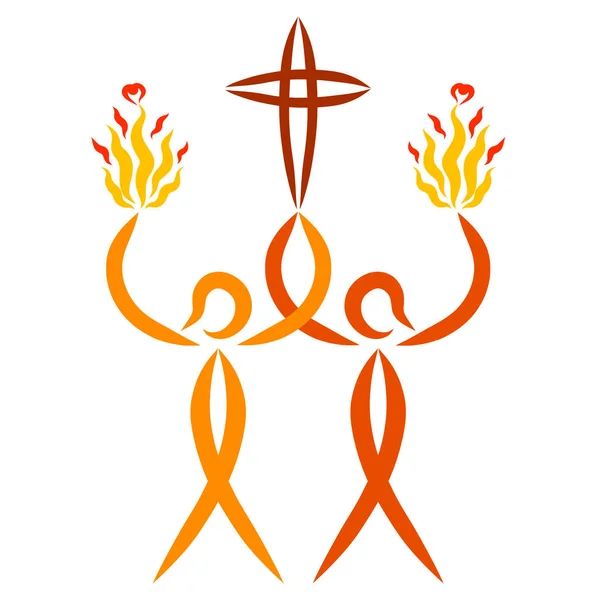 two abstract people carry a Christian cross and a flame with hearts, a symbolic fish from the hand