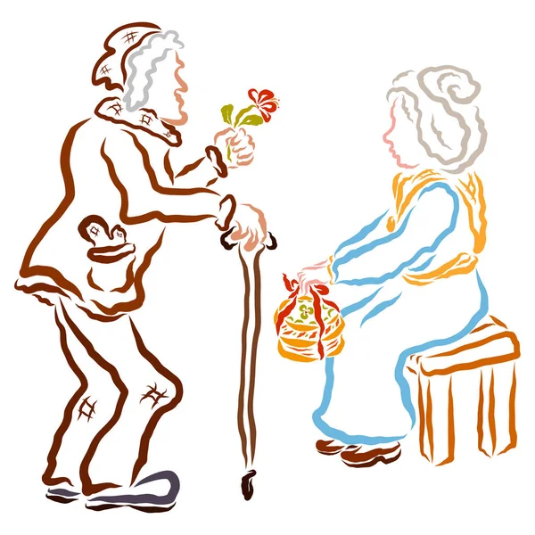 an old man with a cane gives a flower to an old woman, an old wo