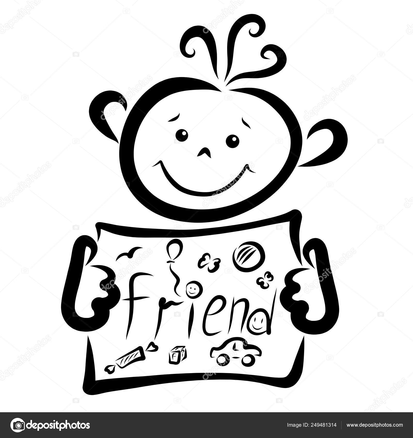 Cheerful Boy Holds A Sign With A Funny Word Friend Stock Photo