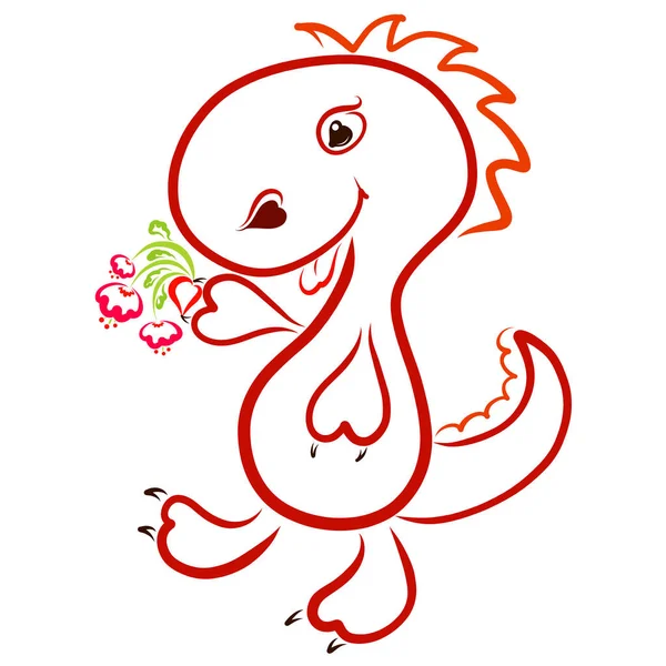 Cheerful cute dinosaur comes with a heart and a bouquet of flowe