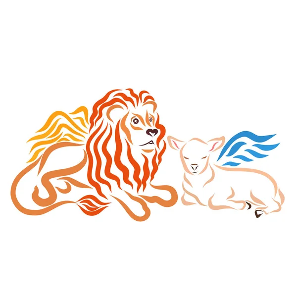 Winged lion and winged Lamb, colorful peaceful pattern